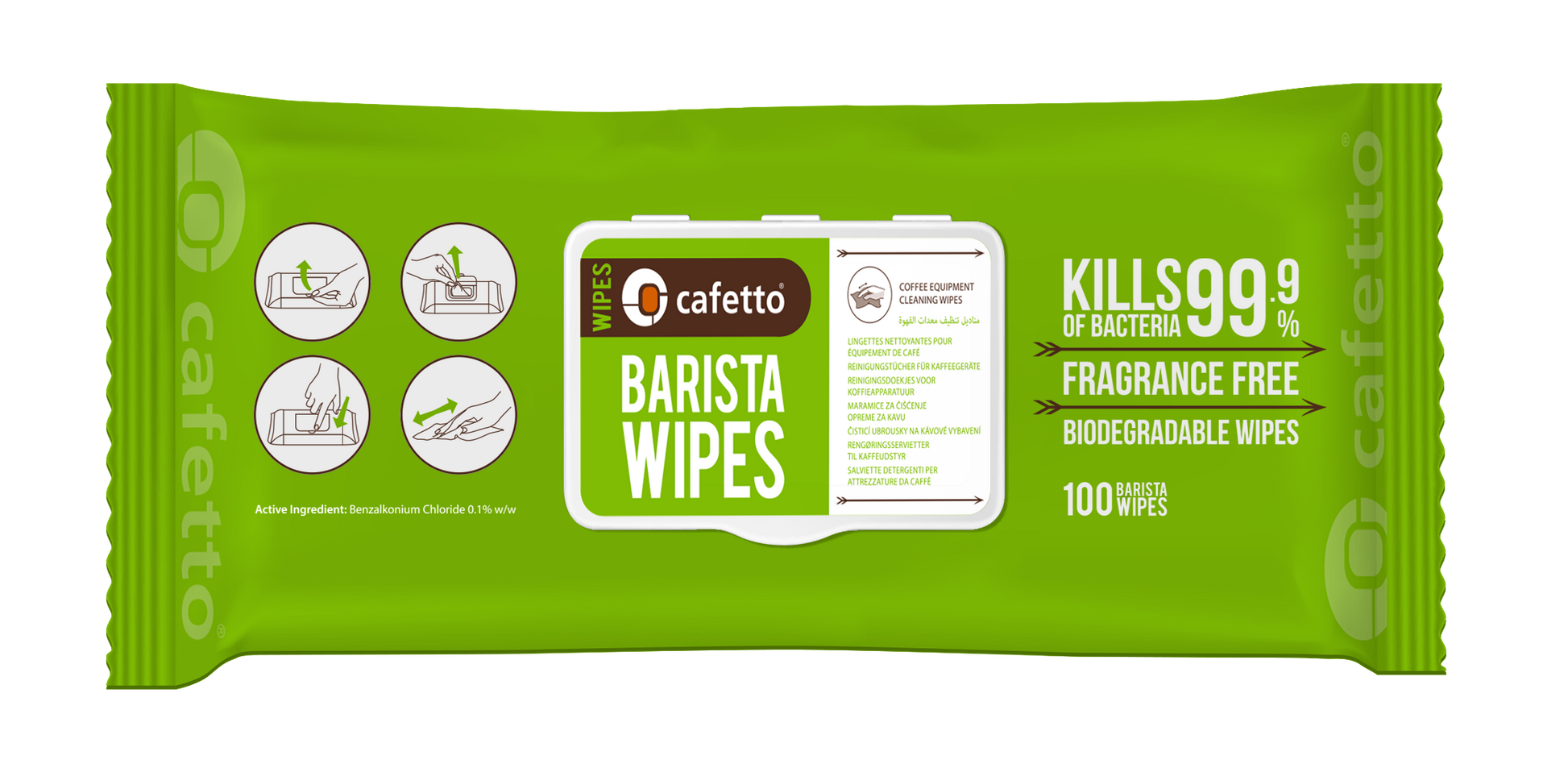 Cafetto Barista Wipes, 100 stk., kommer i en grøn pakke mærket til at dræbe 99,9% af bakterierne. Disse parfumefri, biologiske nedbrydelige klude er perfekte til kaffemaskineudstyr rengøring og har ikoner, der viser forskellige rengøringsanvendelser.