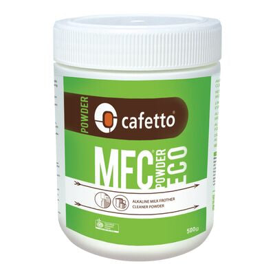 Cafetto MFC Mælkerensepulver 500g krukken har en alkalisk mælkeskummerrens med en hvid og grøn etiket, der viser mærkets logo og dansk produktinfo: mælkerens.