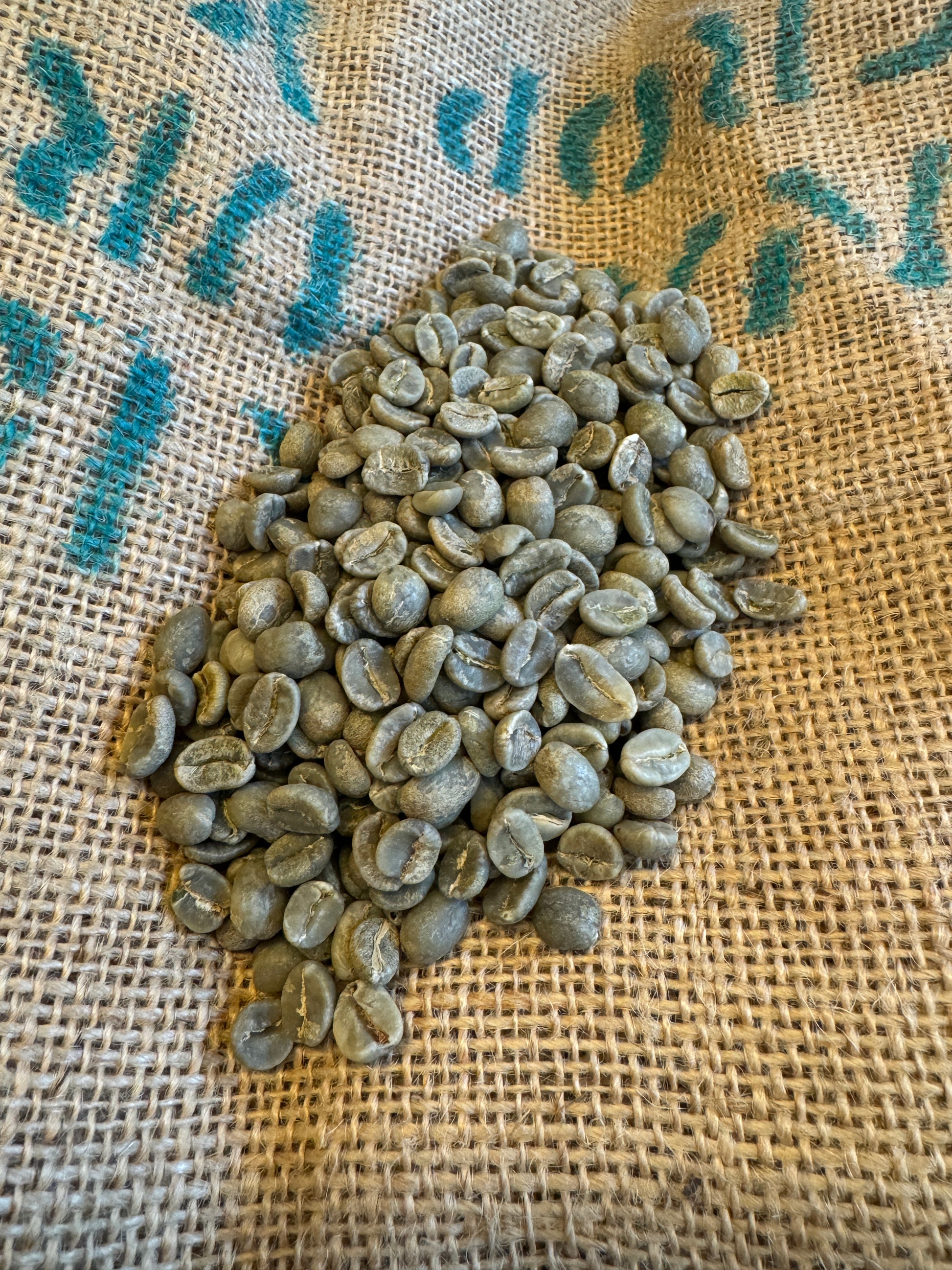 En bunke uristede grønne kaffebønner er spredt på en sækkesæk med blå skrift, der fremhæver en naturlig ramme for tilberedning af EverBeans 601 · Colombia Supremo-kaffe.