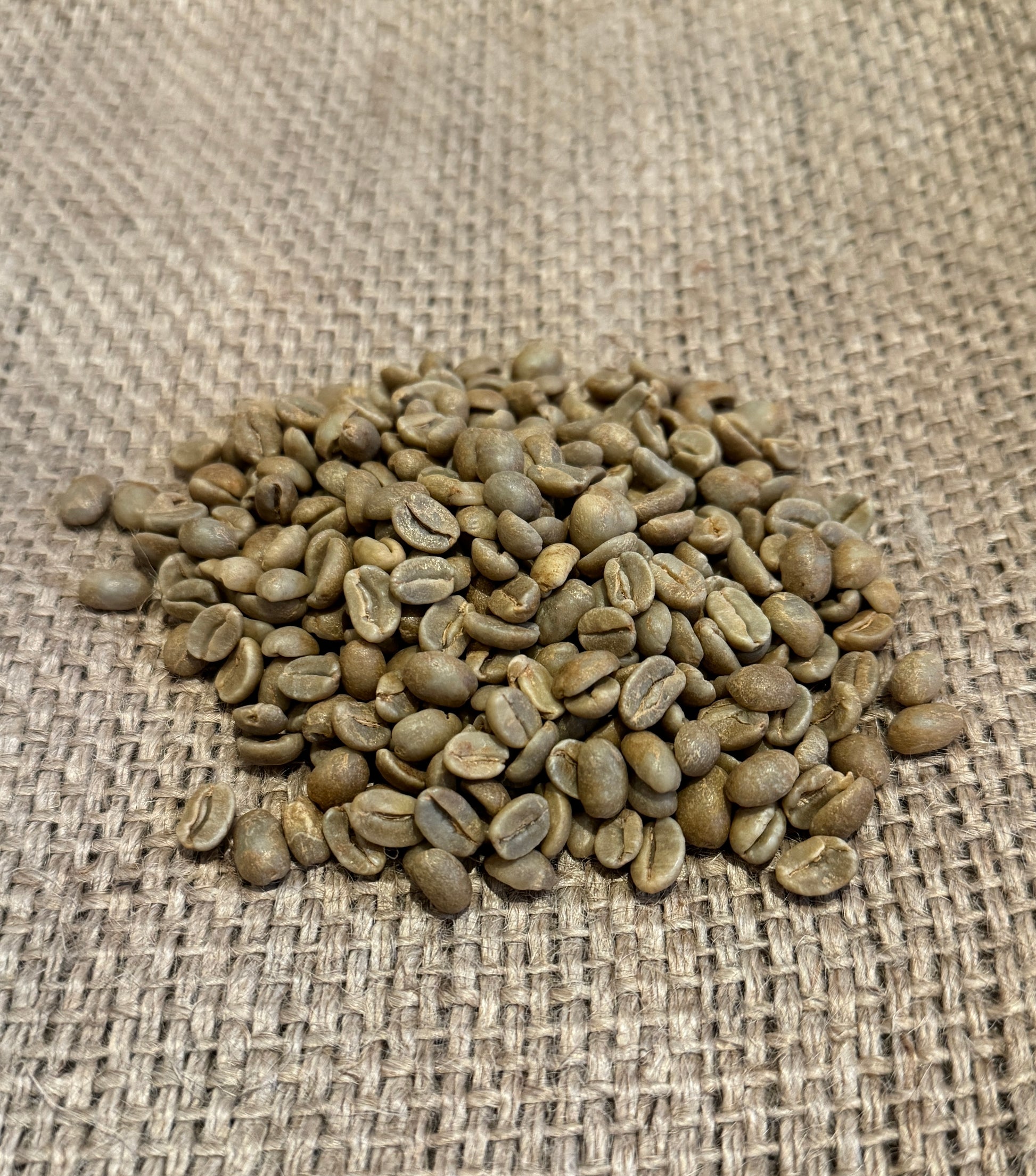 En samling grønne kaffebønner, med den udsøgte "301 · Burundi, Grønne Bønner" fra EverBean, hviler på en tekstureret jutestofbaggrund.