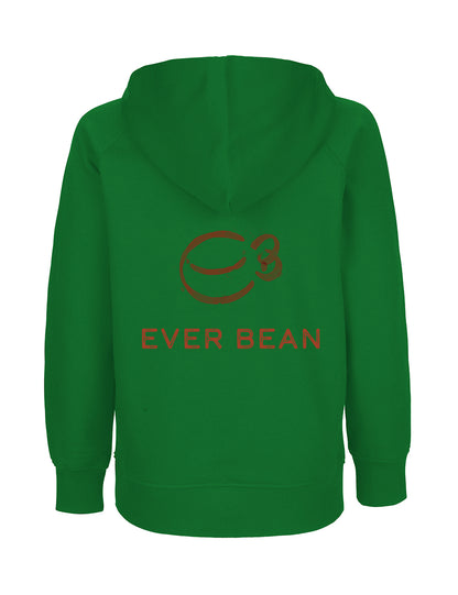 Grøn junior hættetrøje fra Neutral med EverBean-logoet, en grafik af en stiliseret kaffebønne på bagsiden med "EVER BEAN" i rødt. Denne hættetrøje er lavet af miljøvenlige materialer og forener stil og bæredygtighed problemfrit.