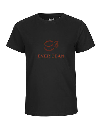 Neutrals Junior Tee har et fairtrade sort bomuld stof med et brunt kaffekoplogo og "EVER BEAN" teksten i elegant brun.