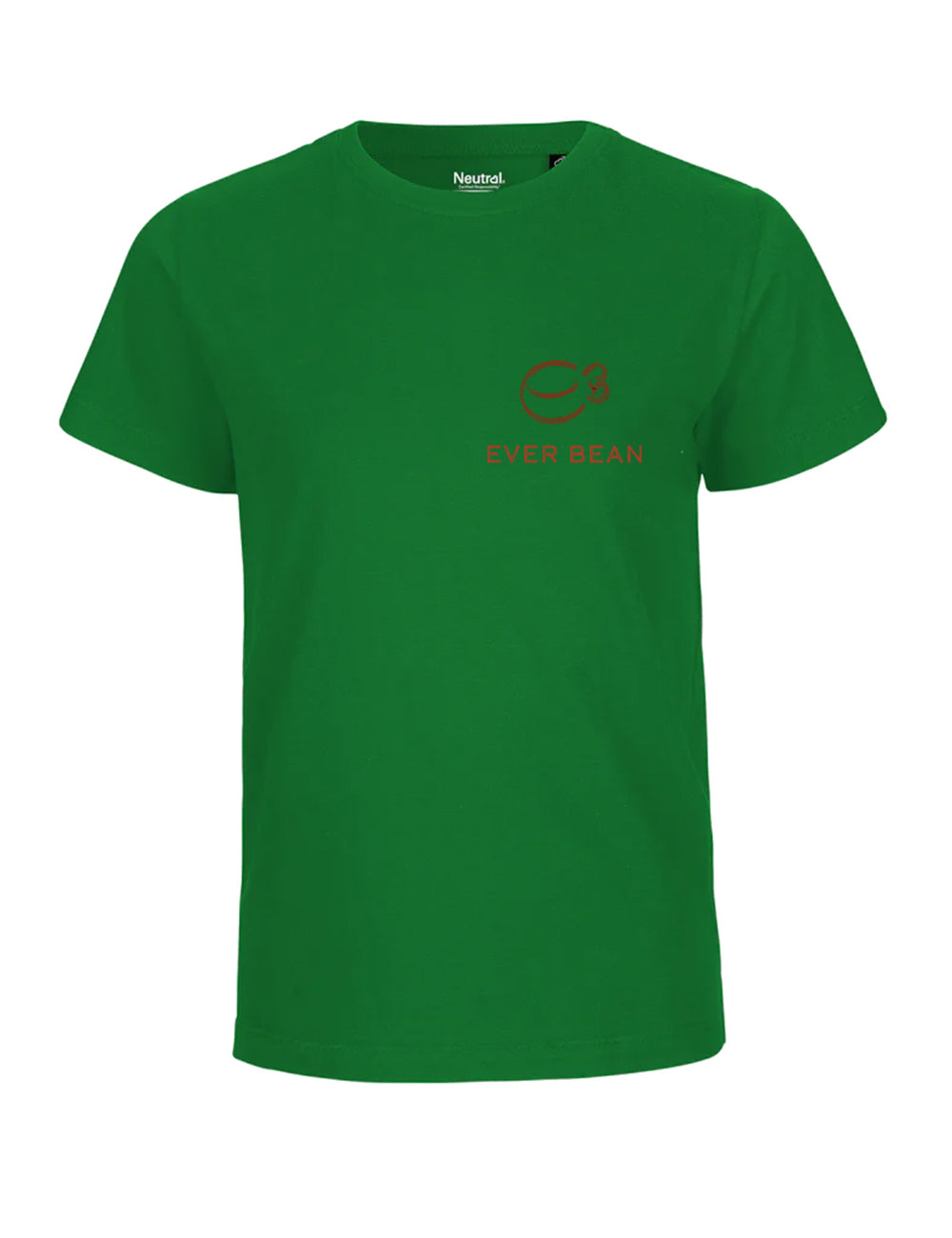 Neutral Junior Tee er en grøn t-shirt lavet af Fairtrade bomuld, med korte ærmer, en rund halsudskæring og et rødt "Ever Bean" logo foran.