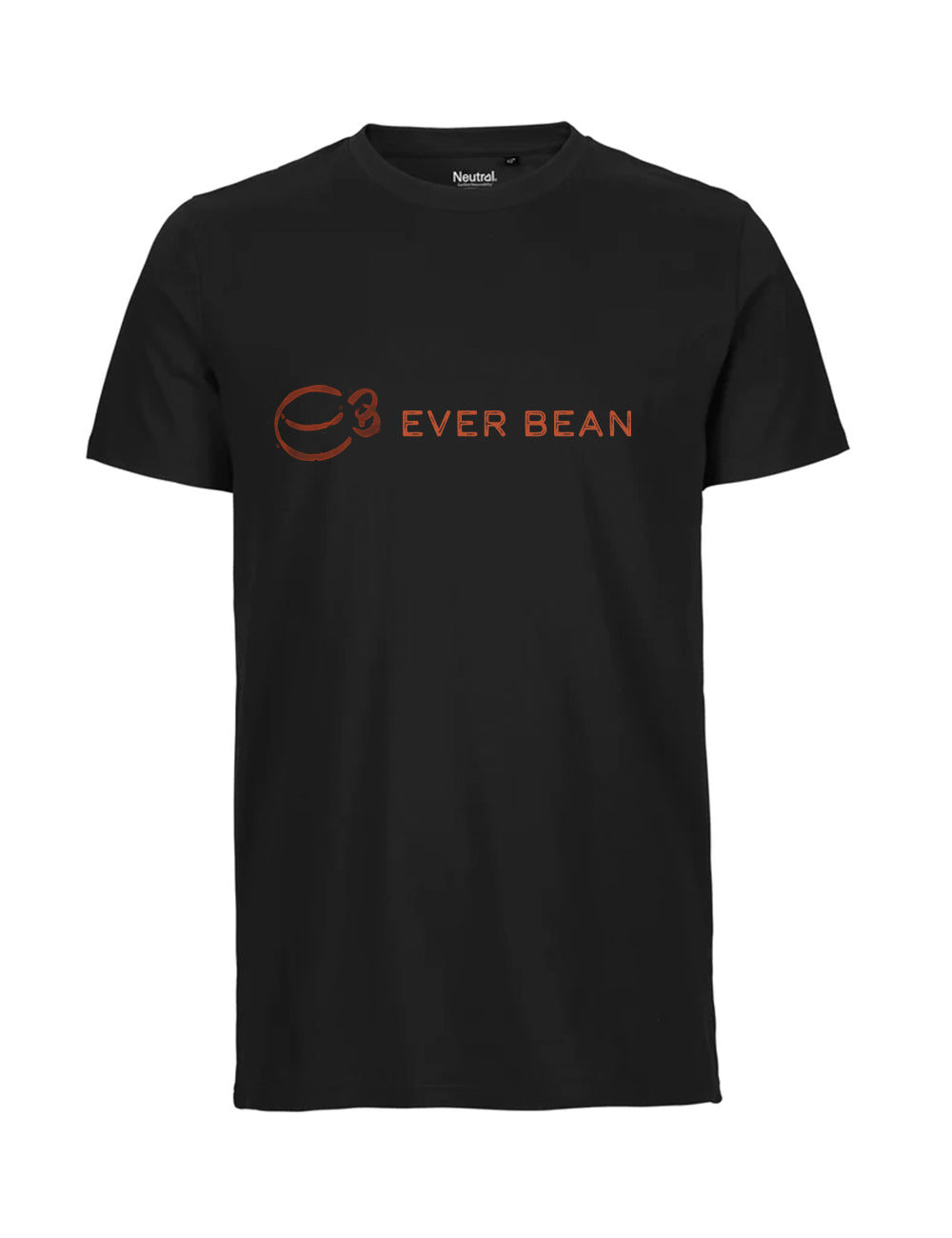 Neutrals Fit-Tee til mænd, lavet af fairtrade-bomuld, har "EVER BEAN" og et stiliseret kaffekoplogo i levende orange foran.