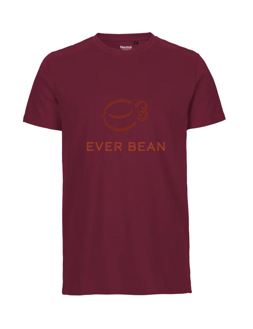 Neutral, Fit-Tee, Herre er en rødbrun t-shirt lavet af fairtrade bomuld, med et minimalistisk kaffebønne-logo med "EVER BEAN" i mørkebrun på forsiden, der viser Neutrals dedikation til bæredygtighed og certificeringer.