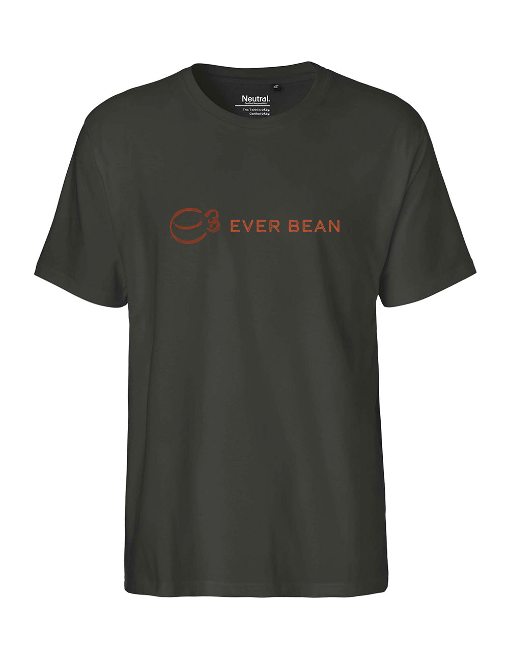 Denne mørkegrønne T-shirt har "Ever Bean" og et stiliseret kaffekoplogo i brunt. Den er lavet af fairtrade-bomuld og fremviser det betroede Neutral-mærke indeni, hvilket sikrer kvalitet og bæredygtighed. Kendt som Neutral, Fit-Tee, Herre.