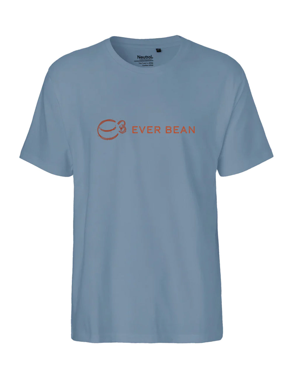 Lyseblå Neutral, Fit-Tee, Herre t-shirt har teksten "EVER BEAN" i orange med et bønnelogo. Fremstillet af fairtrade bomuld af Neutral, sikrer det bæredygtighed og komfort med højkvalitets certificeringer.