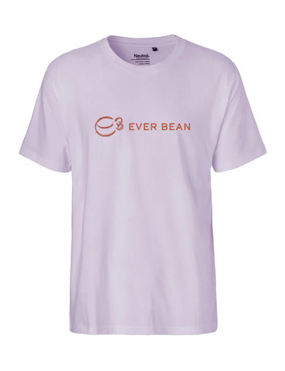 Neutral, Fit-Tee, Herre er en almindelig hvid T-shirt lavet af fairtrade bomuld, med "Ever Bean" med orange bogstaver og et simpelt kaffekoplogo på brystet.