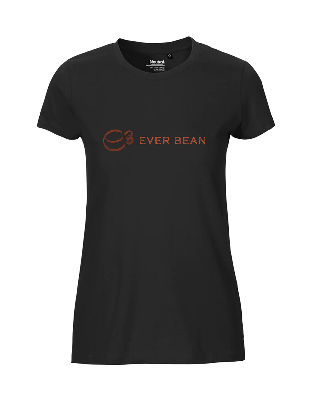 Neutral Fit Tee til kvinder har "EVER BEAN"-logoet i orange på fronten, lavet af Fairtrade-bomuld og viser bæredygtighed med Neutral tøj-certificering.