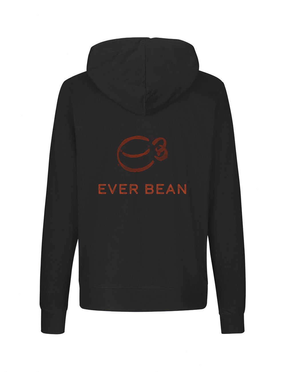 Bagsiden af Neutral Hoodie Zip, Herre by Neutral har et fairtrade sort bomuldsdesign med en grafisk kaffebønne omkranset af et vippet 'C' og en lille '3' over den. "EVER BEAN" er fed trykt nedenfor med orange-brune bogstaver.