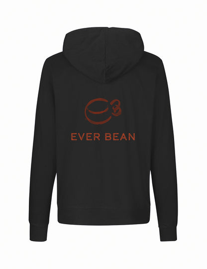 Bagsiden af Neutral Hoodie Zip, Herre by Neutral har et fairtrade sort bomuldsdesign med en grafisk kaffebønne omkranset af et vippet 'C' og en lille '3' over den. "EVER BEAN" er fed trykt nedenfor med orange-brune bogstaver.