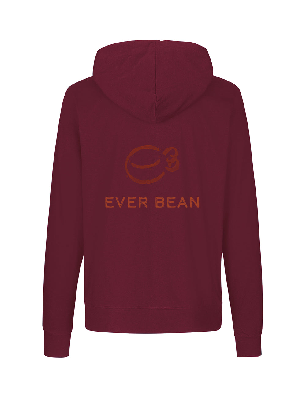 Denne rødbrune neutrale "Hoodie Zip, Herre" er lavet af blød fairtrade-bomuld, med et stiliseret kaffebønne-logo og "Ever Bean"-tekst i brunt på bagsiden. Designet til komfort og stil, den er perfekt til afslappede udflugter.