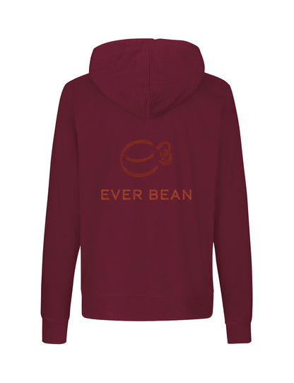 Denne rødbrune neutrale "Hoodie Zip, Herre" er lavet af blød fairtrade-bomuld, med et stiliseret kaffebønne-logo og "Ever Bean"-tekst i brunt på bagsiden. Designet til komfort og stil, den er perfekt til afslappede udflugter.