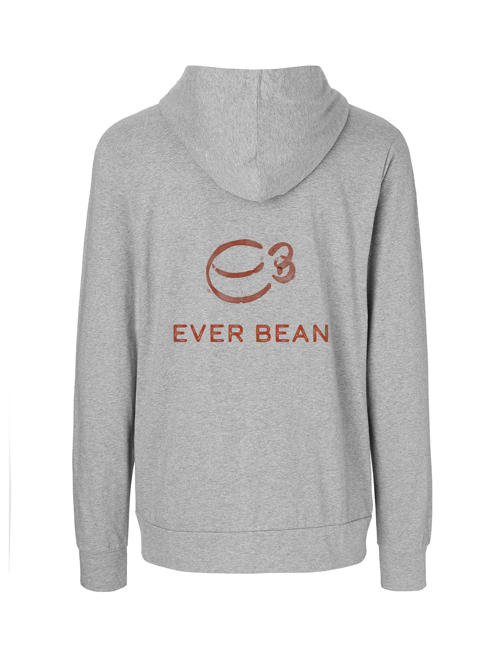 Set bagfra af en Neutral, Hoodie Zip, Herre i grå lavet af fairtrade bomuld. Den viser et brunt logo med en stiliseret kaffebønne og teksten "C3" over "EVER BEAN" nedenfor. Den inkluderer en hætte og lange ærmer, produceret af mærket Neutral.