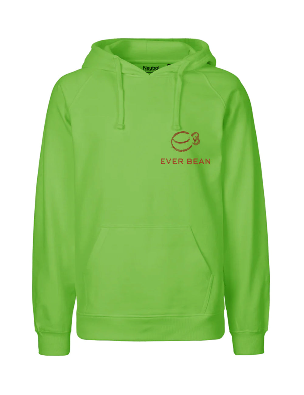 Den lysegrønne Neutral Hoodie, Herre har en kængurulomme og hætte. Den har "Ever Bean" på venstre bryst under et logo med overlappende cirkler med '3' i hjørnet. Lavet af fairtrade bomuld sikrer dette certificeret tøj stilfuldt, samvittighedsfuldt slid.