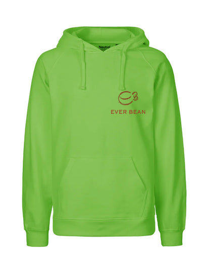 Den lysegrønne Neutral Hoodie, Herre har en kængurulomme og hætte. Den har "Ever Bean" på venstre bryst under et logo med overlappende cirkler med '3' i hjørnet. Lavet af fairtrade bomuld sikrer dette certificeret tøj stilfuldt, samvittighedsfuldt slid.