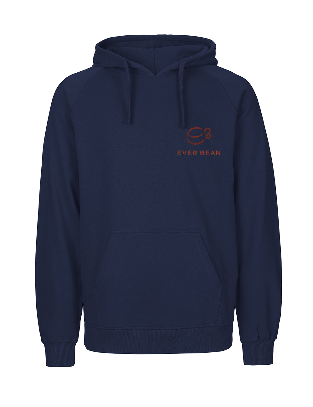 Neutral, Hoodie, Herre fra Neutral er marineblå, med en hætte med snøre og frontlomme. Den er lavet af fairtrade bomuld og har et stiliseret kaffebønne-logo og "EVER BEAN" i orange på brystet.