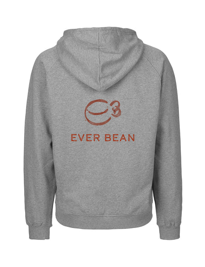 Den neutrale junior-hættetrøje har EverBean-logoet på bagsiden med en stiliseret kaffebønne og "EVER BEAN"-tekst i brunt, udformet med miljøvenlige materialer.