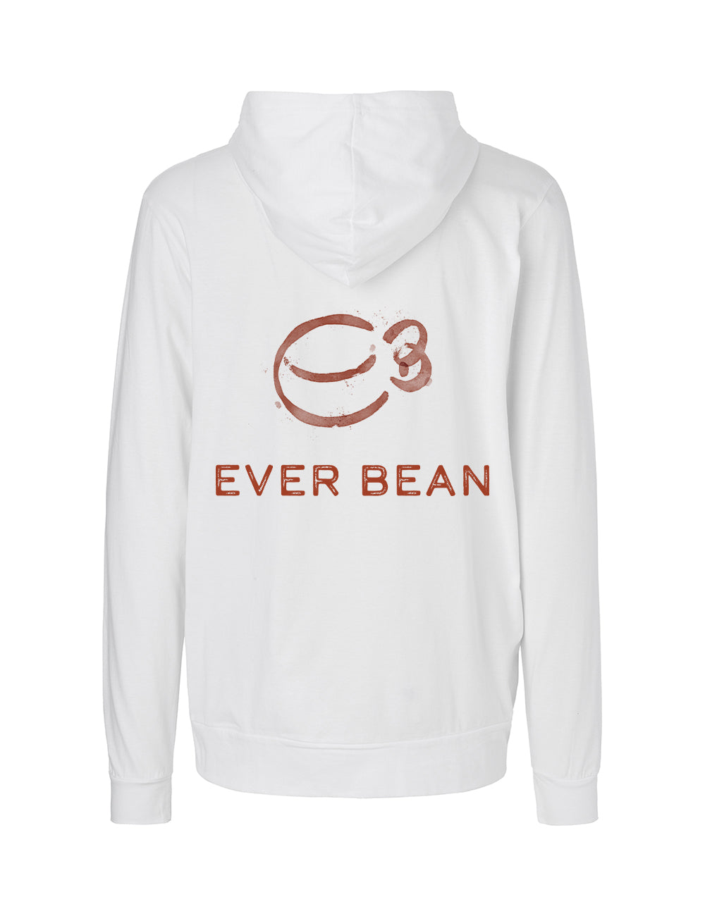 Lavet af fairtrade bomuld, Neutral Hoodie Zip Herre har et brunt kaffebønne-logo og "EVER BEAN" på bagsiden. Den inkluderer en hætte med snoretræk og lange ærmer, alt sammen sat mod en uberørt hvid baggrund.