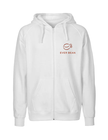 Neutral, Hoodie Zip, Herre fra Neutral er en fairtrade bomuld neutral hvid lynlås med "EVER BEAN" og et kaffekoplogo i brunt på venstre bryst. Den inkluderer en hætte med snøre og frontlommer for ekstra komfort.