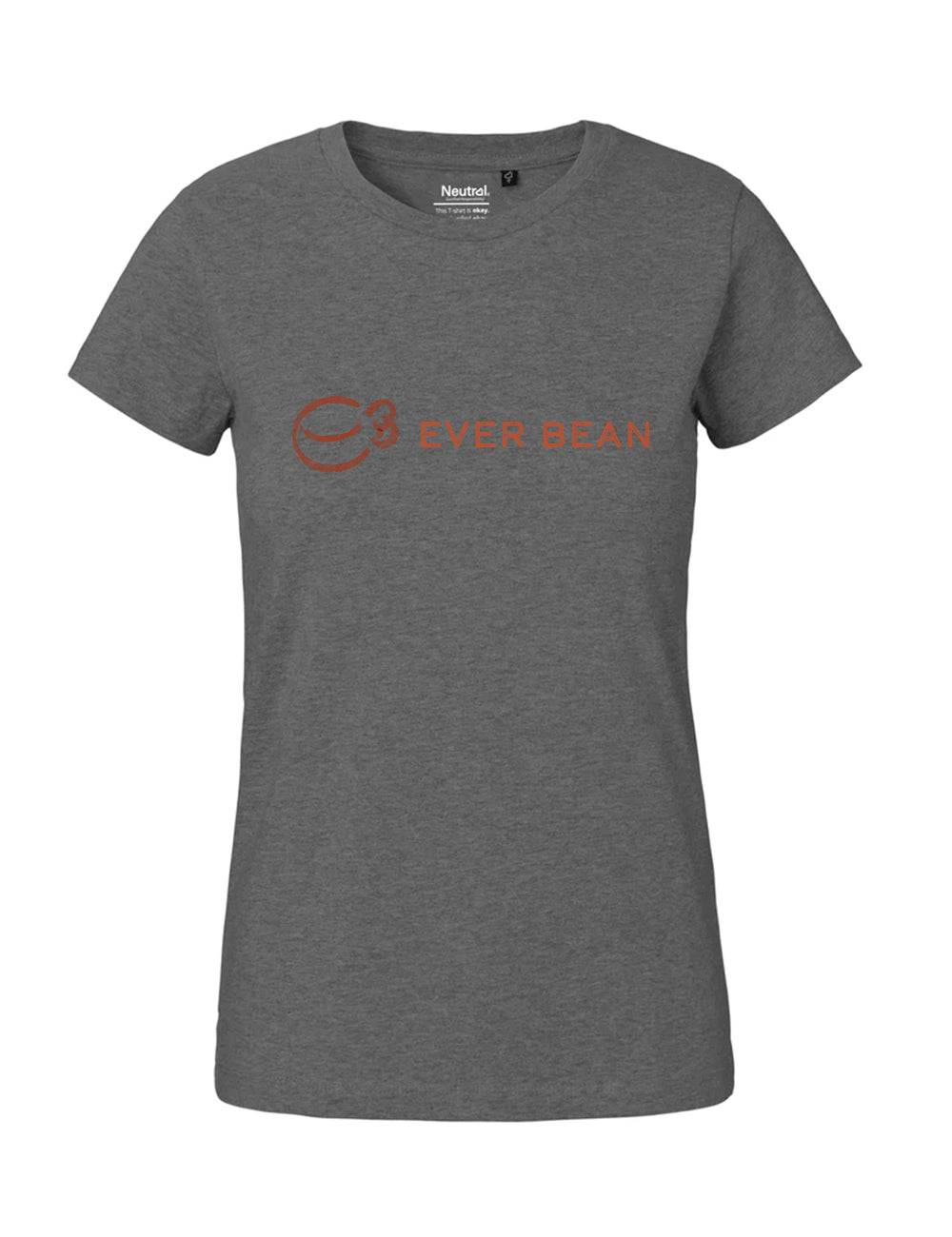 Grå Neutral Tee (Dame) med "EVER BEAN" i orange, en lille orange cirkel og stiliseret 'e'. Viser den neutrale etiket inde i kraven. Lavet af Fairtrade bomuld. Certificeret tøj. Tillad 2-3 ugers levering.