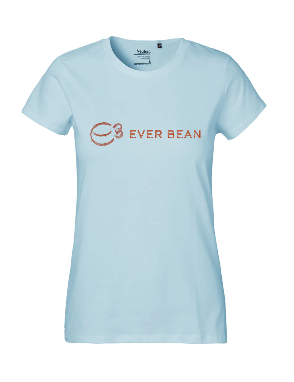 Lyseblå "Neutral, Tee, Dame" med et brunt logo af en stiliseret kaffekop og "EVER BEAN" tekst. Lavet af Neutral fra certificeret tøj og Fairtrade bomuld, denne T-shirt kombinerer stil med etiske værdier.