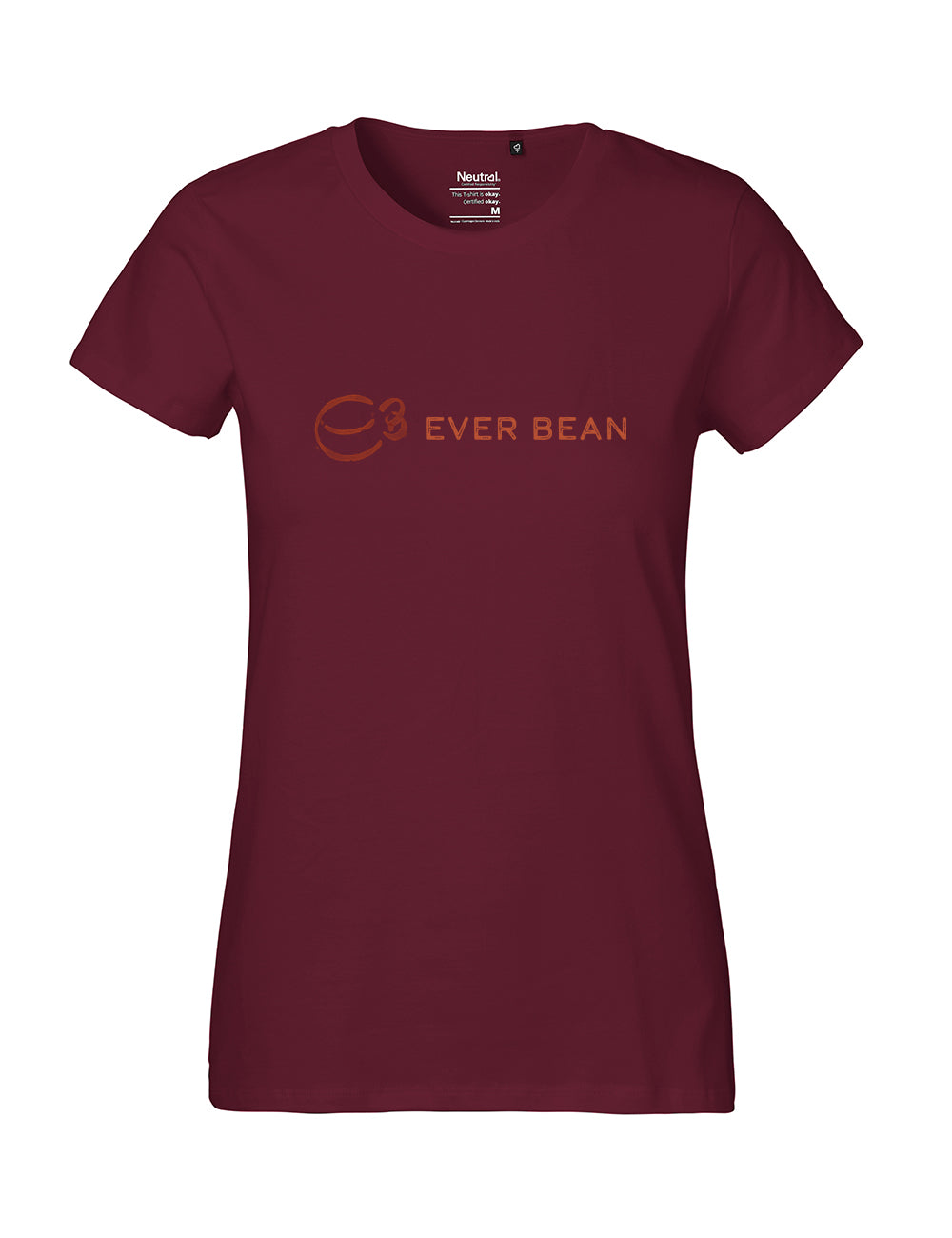 Neutrals bordeaux "Tee, Dame" t-shirt er lavet af Fairtrade bomuld, med et orange kaffekop-logo og ordene "EVER BEAN" foran. Levering på 2-3 uger.