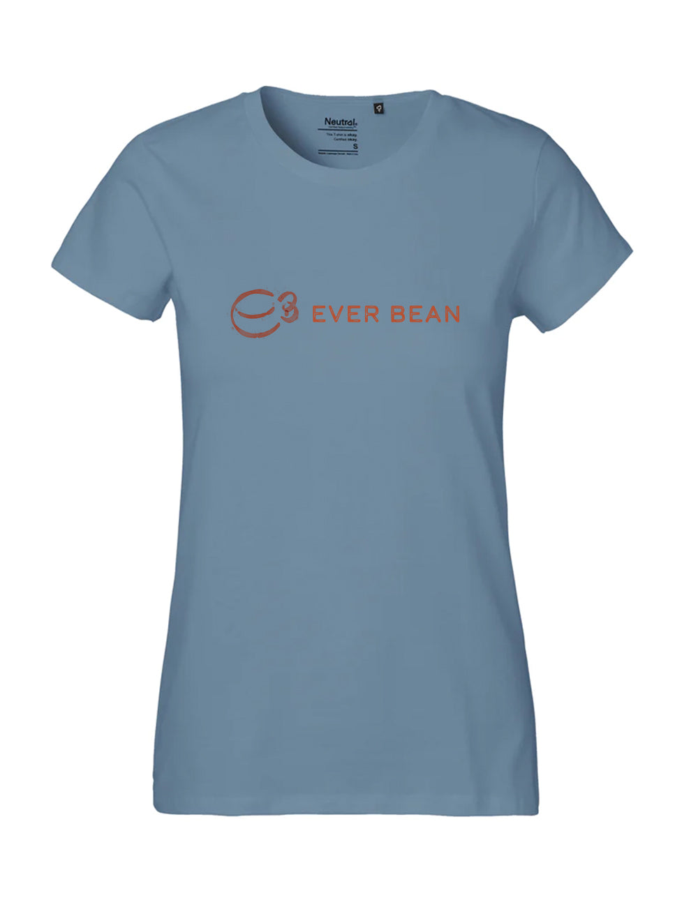 Neutral, Tee, Dame fra Neutral er en blå T-shirt med "EVER BEAN" i levende orange og en lille kaffekop-grafik. Fremstillet af certificeret Fairtrade-bomuld sikrer det kvalitet og etik. Forvent levering om 2-3 uger for en jævn ankomst efter dit bæredygtige valg.