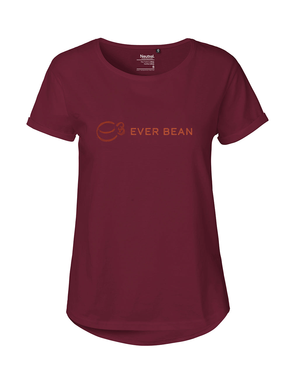 En rødbrun T-shirt fra Neutral lavet af fairtrade bomuld med "EVER BEAN" og en stiliseret kaffekop foran. Denne neutrale, Roll Tee, Dame tilbyder en rund halsudskæring, korte ærmer, der kombinerer komfort og stil.