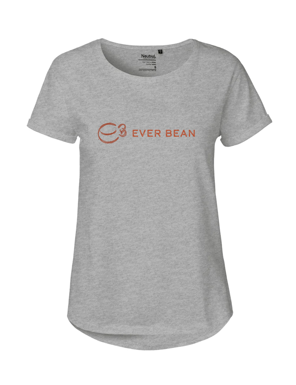 Neutral Roll Tee Dame er en grå T-shirt lavet af fairtrade bomuld, med "EVER BEAN" logoet i brunt med en stiliseret kaffekop. Det er et stilfuldt og bæredygtigt valg for fans af neutralt tøj.