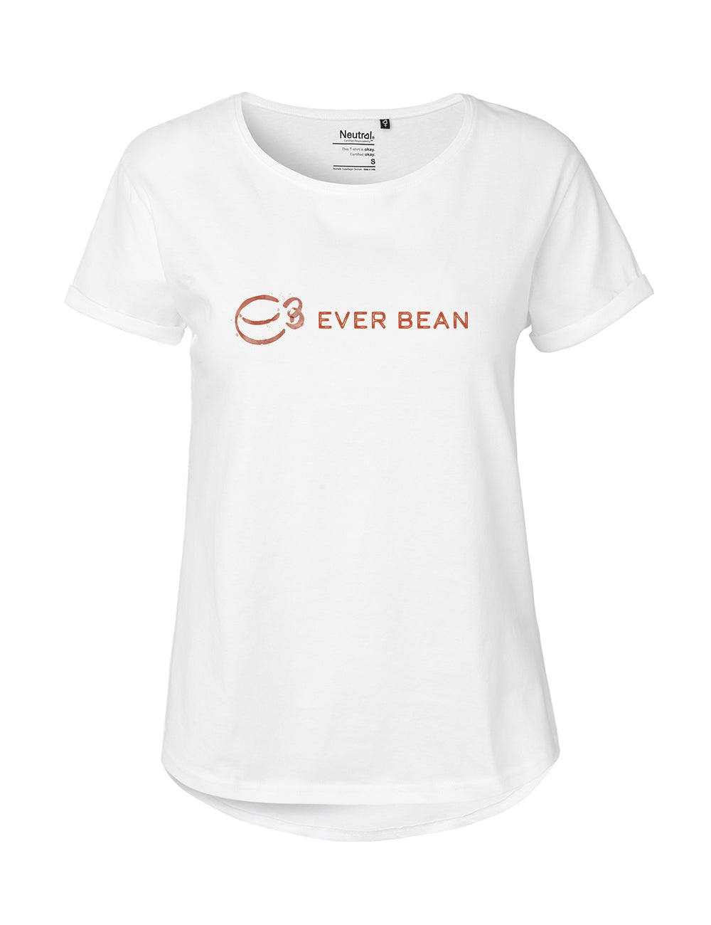 Neutral, Roll Tee, Dame er en hvid T-shirt med rullede ærmer, et orange kaffekoplogo og teksten "Ever Bean" i orange. Den er fremstillet af Fairtrade-bomuld og har et "Neutral tøj"-mærke for at garantere kvalitet og bæredygtighed.