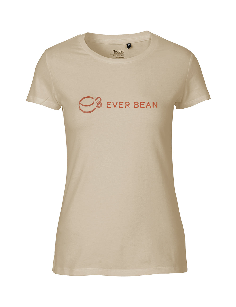 En beige rundhalset, kortærmet t-shirt med "Ever Bean" i orange og en abstrakt kaffekop-grafik. Lavet af fairtrade bomuld til hverdagskomfort. Mærke: Neutral; Produkt: Fit Tee, Dame.