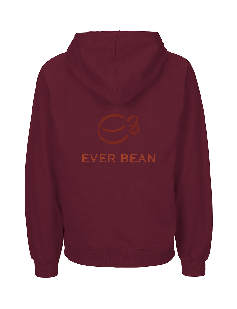 Den rødbrune Neutral, Hoodie, Herre fra Neutral har en hætte og lange ærmer, lavet af fairtrade bomuld. Bagsiden viser et minimalistisk kaffebønne-logo med teksten "EVER BEAN" i levende orange.