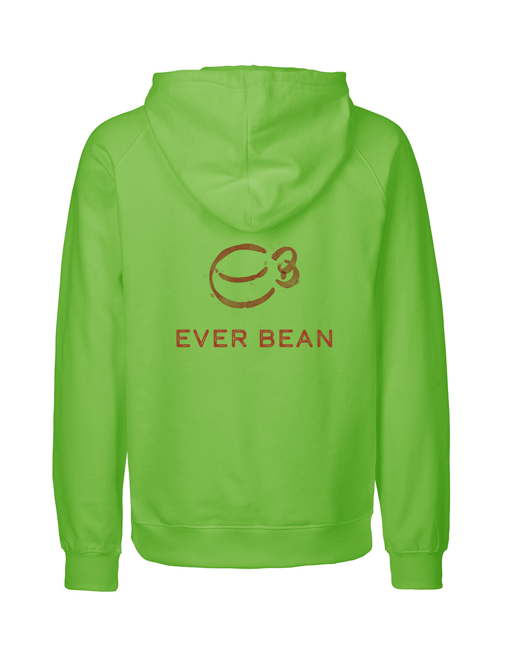 Denne Neutral, Hoodie, Dame i levende grøn er lavet af fairtrade bomuld og har et rødt logo med en stiliseret kaffebønne, tallet "3" og "EVER BEAN" nedenfor. Den er produceret af Neutral og kombinerer stil med bæredygtighed.