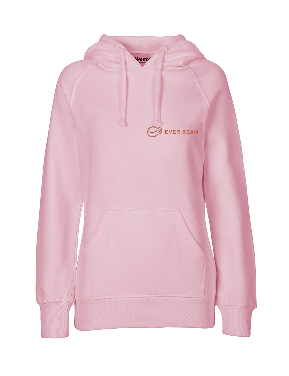 En pink "Neutral, Hoodie, Dame" fra mærket Neutral lavet med fairtrade-bomuld har en frontlomme, snøre og "EVER BEAN"-logoet øverst til venstre på brystet. Det tilbyder neutral charme og kan prale af etiske certificeringer.