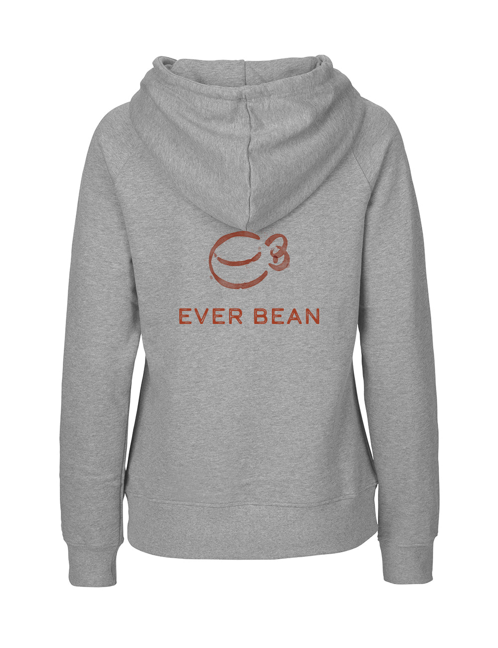 Set bagfra af en Neutral, Hoodie, Dame i grå fairtrade-bomuld, med et centreret brunt "EVER BEAN"-logo med en stiliseret kaffebønne på dette Neutral-certificerede tøj.