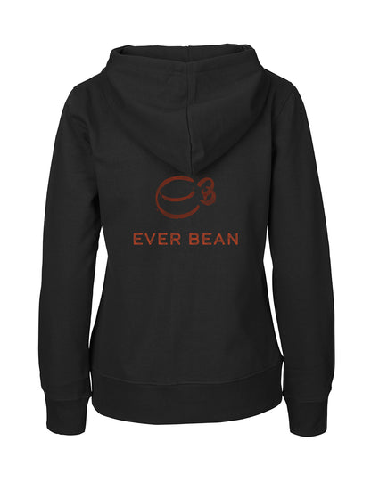 Set bagfra af Neutral, Hoodie Zip, Dame af mærket Neutral i sort fairtrade bomuld, med et minimalistisk kaffekoplogo med "EVER BEAN" i brun. Inkluderer hætte og lange ærmer.