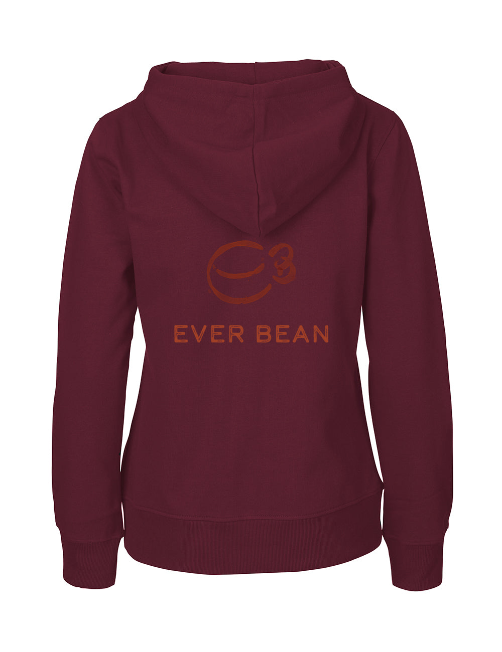 Bagsiden af Neutral Hoodie Zip, Dame by Neutral, har "Ever Bean"-logoet med et abstrakt kaffekopdesign i levende orange. Den er lavet af fairtrade-bomuld og er et udstillingsvindue for stil og bæredygtighed.