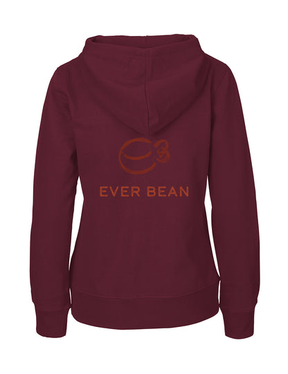 Bagsiden af Neutral Hoodie Zip, Dame by Neutral, har "Ever Bean"-logoet med et abstrakt kaffekopdesign i levende orange. Den er lavet af fairtrade-bomuld og er et udstillingsvindue for stil og bæredygtighed.