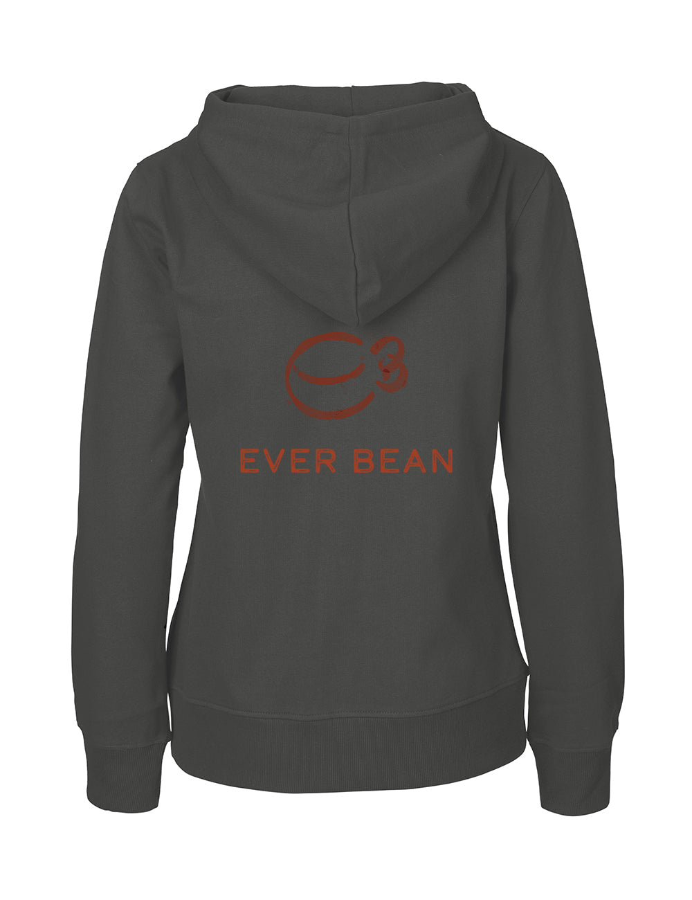 En mørkegrøn Neutral Dame-hættetrøje med et rødt "EVER BEAN"-logo med en stiliseret bønne. Den er lavet af fairtrade bomuld og har en hætte og lange ærmer for komfort og stil.