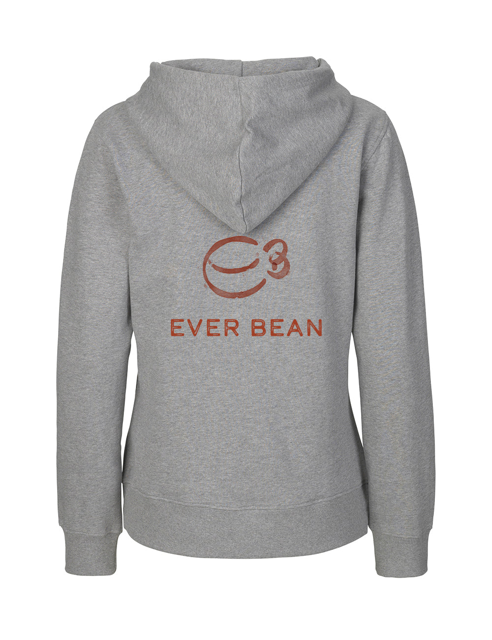 Den Neutral Neutral Grey Hoodie Zip, Dame har et brunt kaffebønne-logo og "EVER BEAN"-tekst på bagsiden. Denne stilfulde hættetrøje er lavet af Fairtrade bomuld og inkluderer en hætte og lange ærmer for ultimativ komfort.