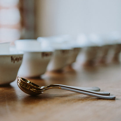 To Brewista Professional Cupping skeer (Titanium - Guld) hviler på et træbord. Rækker af let slørede hvide skåle antyder et fredfyldt køkken eller spisestue, badet i blødt naturligt lys - ideel til cupping-entusiaster.