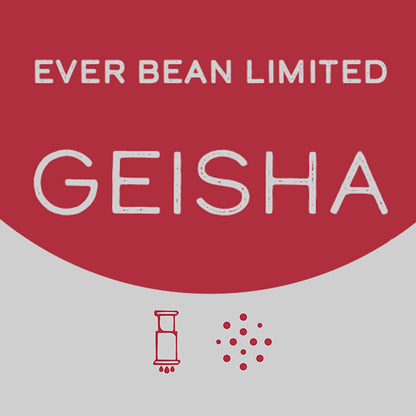 Billedet har røde og grå toner med "EverBean Limited, Columbia Geisha" øverst, hvilket promoverer denne specielle kaffetype. Ikoner af en lodret cylinder og syv prikker efterligner kaffebønner, hvilket tyder på den frugtagtige aroma, der er typisk for Geisha-kaffe.