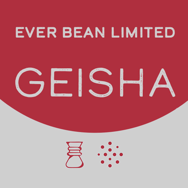 Den røde og grå etiket har "EverBean Limited, Columbia Geisha" i hvid og rød tekst. Ikoner af en kaffedrypper og bønner fremhæver den frugtige aroma af denne Geisha-kaffe, en speciel type, der værdsættes af feinschmeckere.