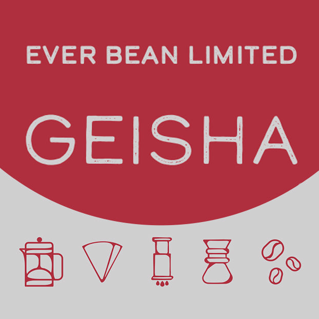 Et rødt og gråt billede viser "EverBean Limited Columbia Geisha" over ikonerne for en fransk presse, drypper, AeroPress, Chemex og kaffebønner, hvilket fremhæver den unikke frugtagtige aroma af Columbia Geisha som en speciel kaffetype.