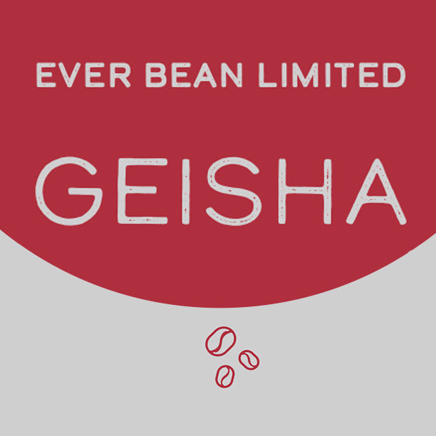 Rød og grå grafik med fed hvid "EverBean Limited, Columbia Geisha" tekst med tre stiliserede røde kaffebønner nedenfor, hvilket tyder på den frugtagtige aroma af denne specielle kaffetype.